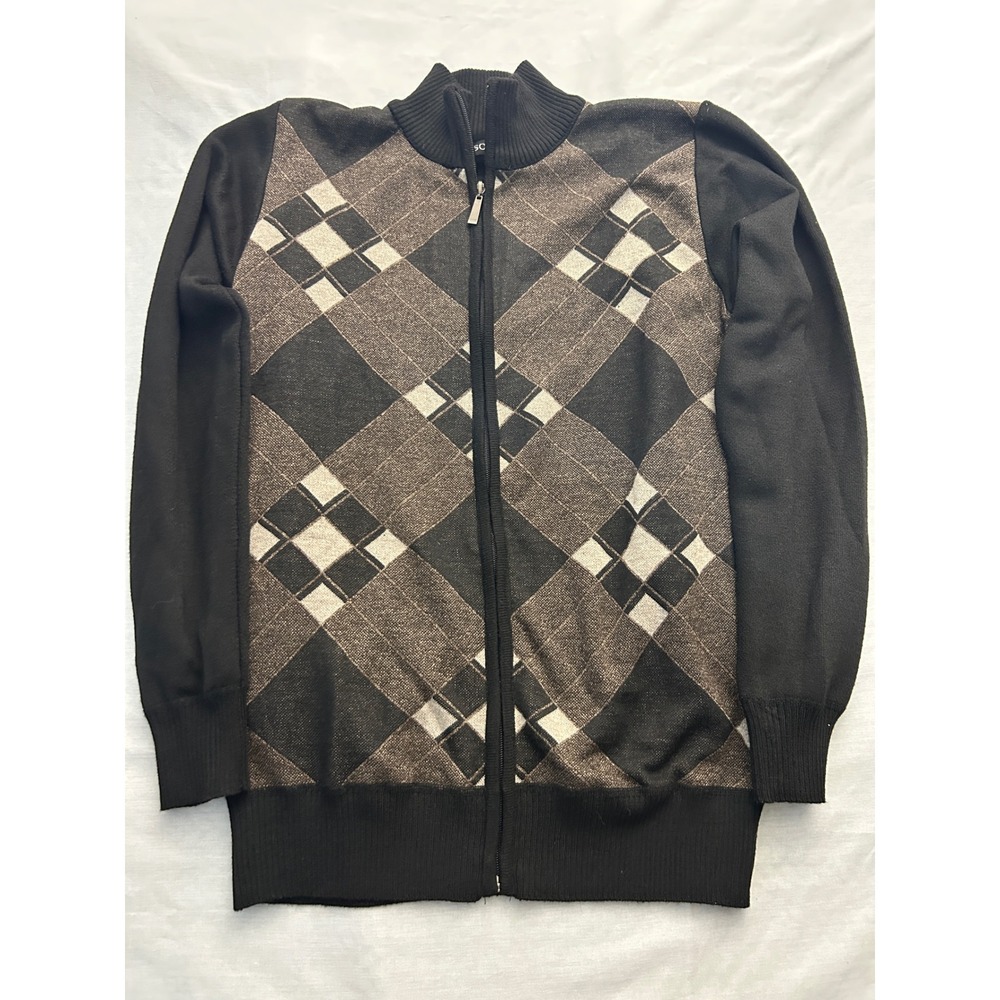 Sorano Mens Argyle Full Zip Cardigan Sweater Black Brown Mock Neck Size M